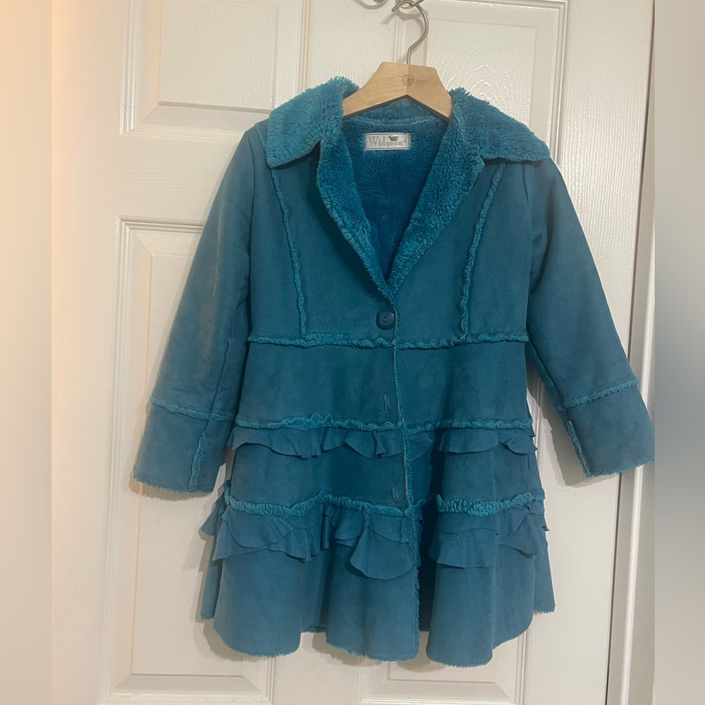 VINTAGE Widgeon Girls Faux Fur Ruffle Tiered Shearling Coat Teal Size 7-9